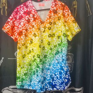 Rainbow cheetah scrub top